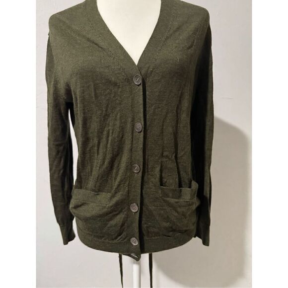 J. Crew olive green 100% merino Wool cardigan tie sweater S button front - Picture 6 of 7
